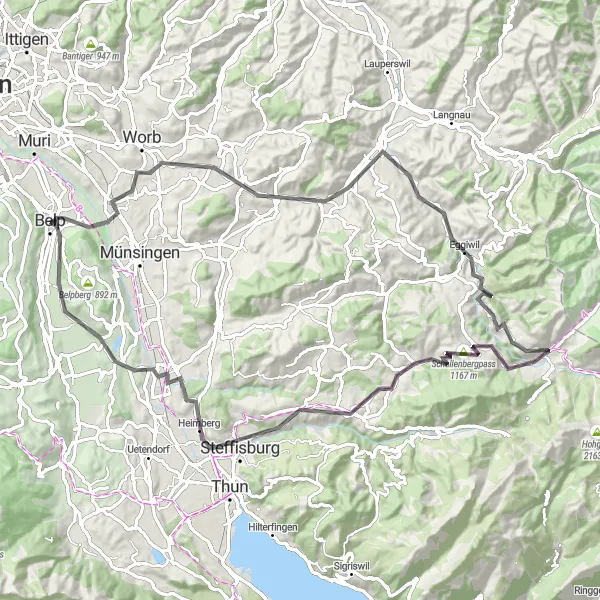 Zemljevid v pomanjšavi "Družinsko prijazna kolesarska avantura" kolesarske inspiracije v Espace Mittelland, Switzerland. Generirano z načrtovalcem kolesarskih poti Tarmacs.app