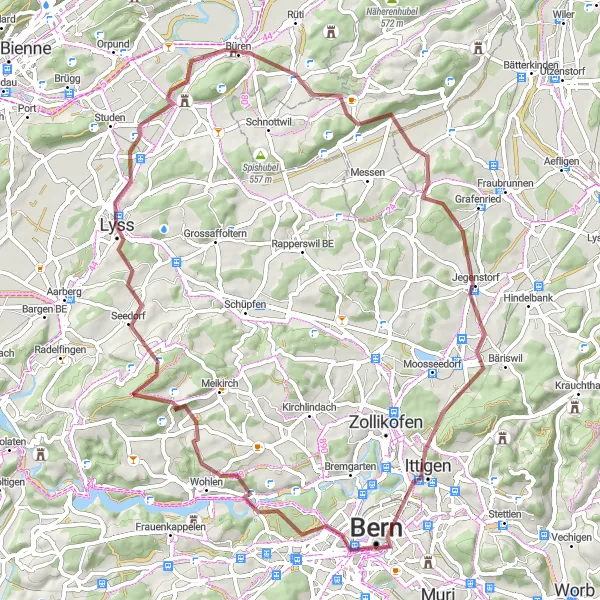 Miniaturekort af cykelinspirationen "Grusvej cykelrute fra Bern til Lyss" i Espace Mittelland, Switzerland. Genereret af Tarmacs.app cykelruteplanlægger
