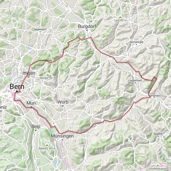 Miniatura della mappa di ispirazione al ciclismo "Avventura mozzafiato attraverso sentieri sterrati nei dintorni di Berna" nella regione di Espace Mittelland, Switzerland. Generata da Tarmacs.app, pianificatore di rotte ciclistiche