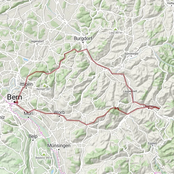 Miniaturekort af cykelinspirationen "Grusvej cykelrute fra Bern til Langnau" i Espace Mittelland, Switzerland. Genereret af Tarmacs.app cykelruteplanlægger