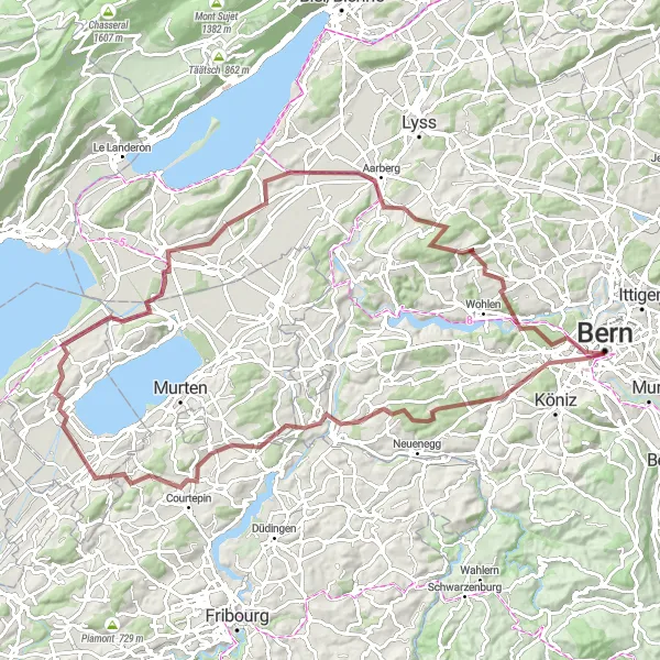 Miniature de la carte de l'inspiration cycliste "Gravel Adventure autour de Bern" dans la Espace Mittelland, Switzerland. Générée par le planificateur d'itinéraire cycliste Tarmacs.app