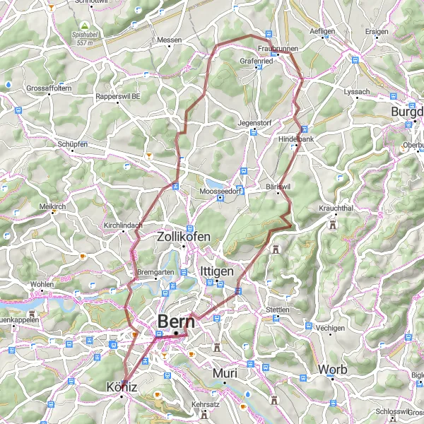 Miniatura della mappa di ispirazione al ciclismo "Esplorazione degli scenari naturali spettacolari nei dintorni di Berna" nella regione di Espace Mittelland, Switzerland. Generata da Tarmacs.app, pianificatore di rotte ciclistiche