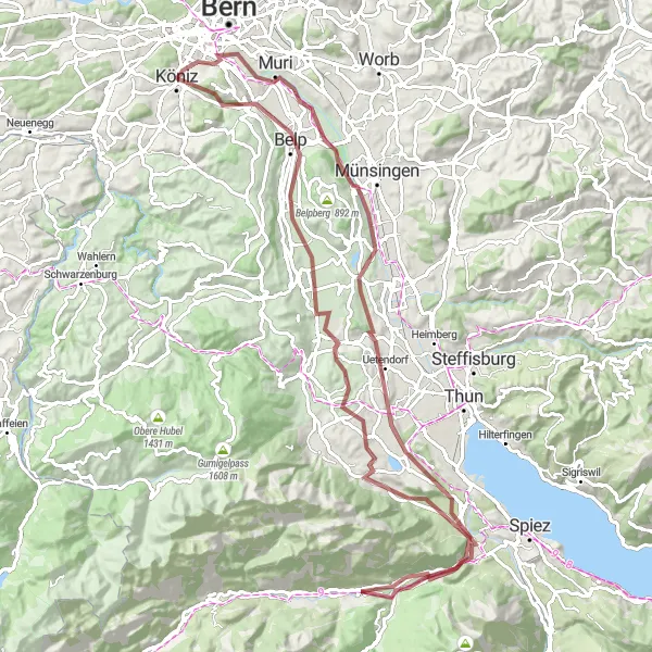 Zemljevid v pomanjšavi "Off-road pot proti jugu Bern Highlands in nazaj" kolesarske inspiracije v Espace Mittelland, Switzerland. Generirano z načrtovalcem kolesarskih poti Tarmacs.app