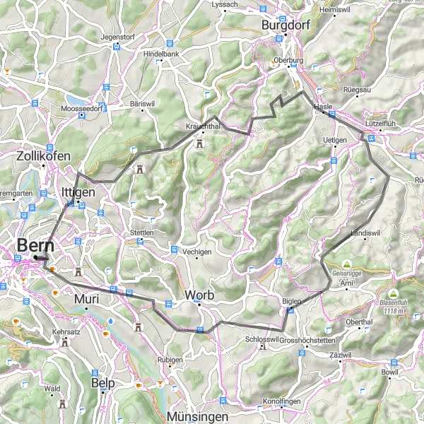 Miniatura della mappa di ispirazione al ciclismo "Giro in bicicletta per le colline intorno a Berna" nella regione di Espace Mittelland, Switzerland. Generata da Tarmacs.app, pianificatore di rotte ciclistiche