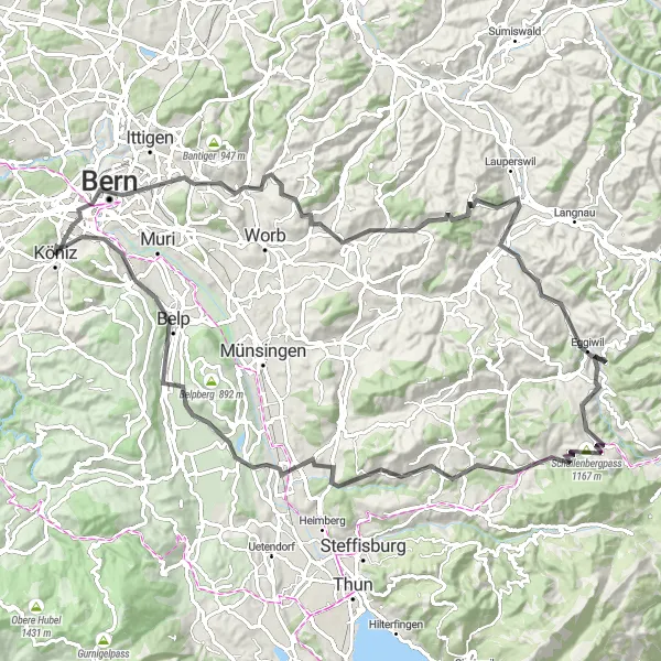 Miniatuurkaart van de fietsinspiratie "Grote Ronde van Bern" in Espace Mittelland, Switzerland. Gemaakt door de Tarmacs.app fietsrouteplanner