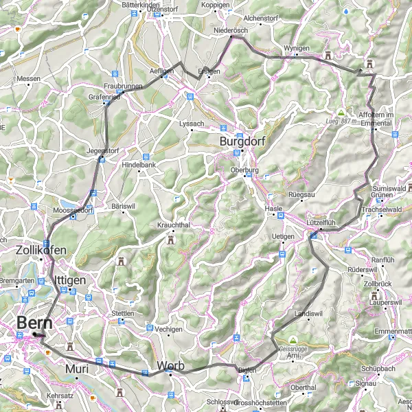 Miniatura della mappa di ispirazione al ciclismo "Vivaci colline e borghi nella campagna vicino a Berna" nella regione di Espace Mittelland, Switzerland. Generata da Tarmacs.app, pianificatore di rotte ciclistiche