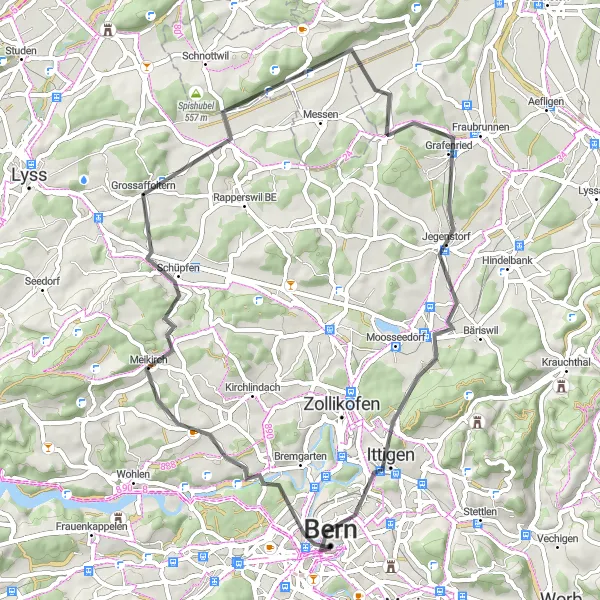 Miniatura della mappa di ispirazione al ciclismo "Scoperta dei tesori nascosti nella campagna vicino a Berna" nella regione di Espace Mittelland, Switzerland. Generata da Tarmacs.app, pianificatore di rotte ciclistiche