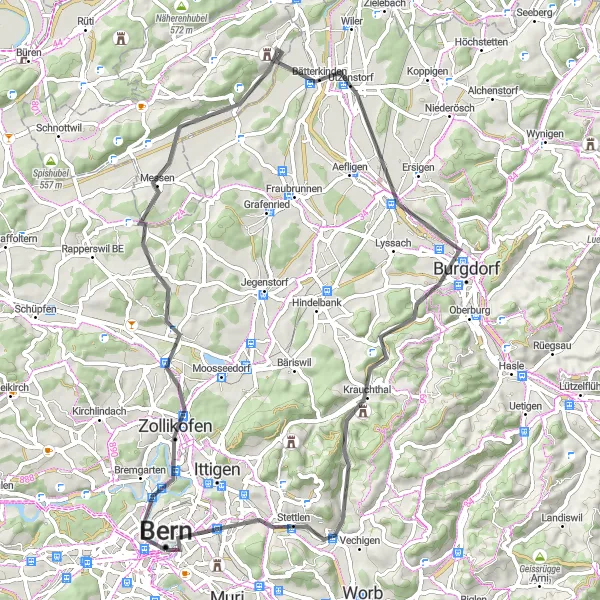 Miniaturekort af cykelinspirationen "Landevejscykelrute fra Bern til Ostermundigen" i Espace Mittelland, Switzerland. Genereret af Tarmacs.app cykelruteplanlægger
