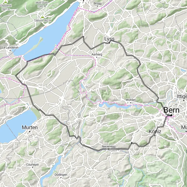 Zemljevid v pomanjšavi "Stranska pot Bern Highlands in nazaj" kolesarske inspiracije v Espace Mittelland, Switzerland. Generirano z načrtovalcem kolesarskih poti Tarmacs.app