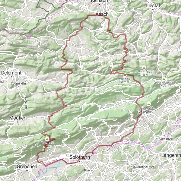 Karttaminiaatyyri "Bettlach - Passwang Gravel Adventure" pyöräilyinspiraatiosta alueella Espace Mittelland, Switzerland. Luotu Tarmacs.app pyöräilyreittisuunnittelijalla