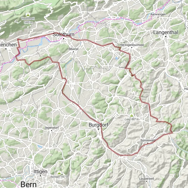 Miniatura della mappa di ispirazione al ciclismo "Esplorazione del Paesaggio in Bicicletta su Strada" nella regione di Espace Mittelland, Switzerland. Generata da Tarmacs.app, pianificatore di rotte ciclistiche