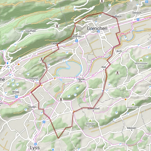 Mapa miniatúra "Gravelová trasa cez Orpund a Pieterlen" cyklistická inšpirácia v Espace Mittelland, Switzerland. Vygenerované cyklistickým plánovačom trás Tarmacs.app