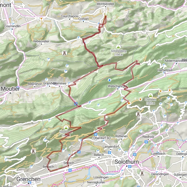 Miniaturní mapa "Gravelová cyklotrasa s náročným stoupáním okolo Bettlachu" inspirace pro cyklisty v oblasti Espace Mittelland, Switzerland. Vytvořeno pomocí plánovače tras Tarmacs.app