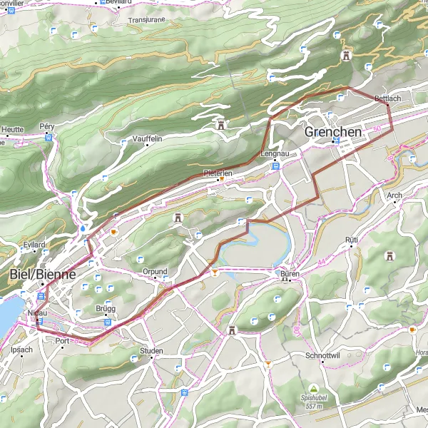 Miniaturní mapa "Gravelová cyklotrasa do okolí Bettlachu" inspirace pro cyklisty v oblasti Espace Mittelland, Switzerland. Vytvořeno pomocí plánovače tras Tarmacs.app