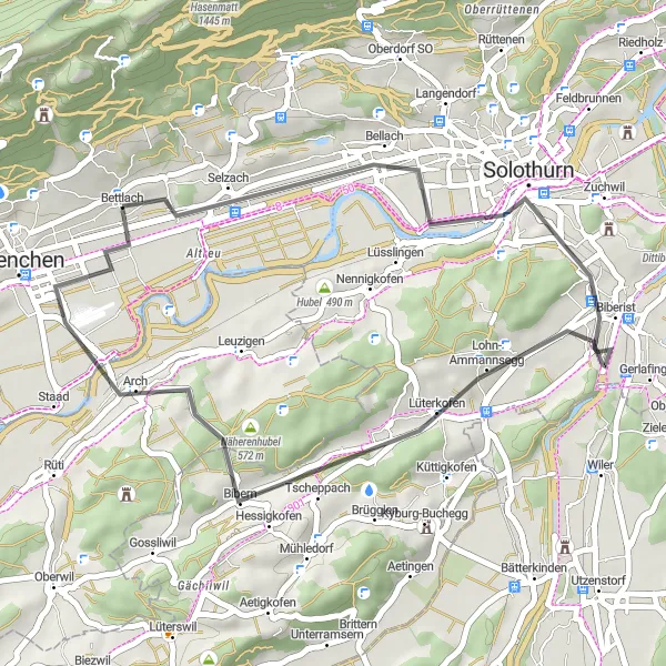 Zemljevid v pomanjšavi "Cikeljka z značilnostmi Hunnenberga in Solothurna" kolesarske inspiracije v Espace Mittelland, Switzerland. Generirano z načrtovalcem kolesarskih poti Tarmacs.app