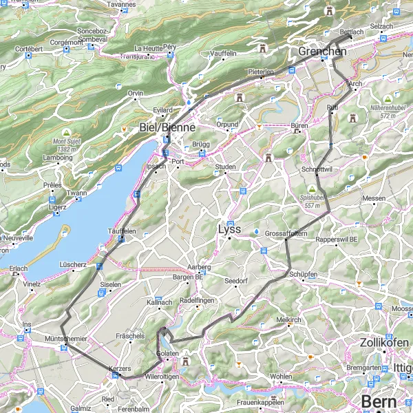 Miniatura della mappa di ispirazione al ciclismo "Escursione ciclistica tra le colline di Espace Mittelland" nella regione di Espace Mittelland, Switzerland. Generata da Tarmacs.app, pianificatore di rotte ciclistiche