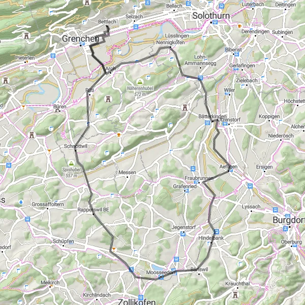 Miniaturekort af cykelinspirationen "Asfaltvejscykelrute til Bettlach" i Espace Mittelland, Switzerland. Genereret af Tarmacs.app cykelruteplanlægger