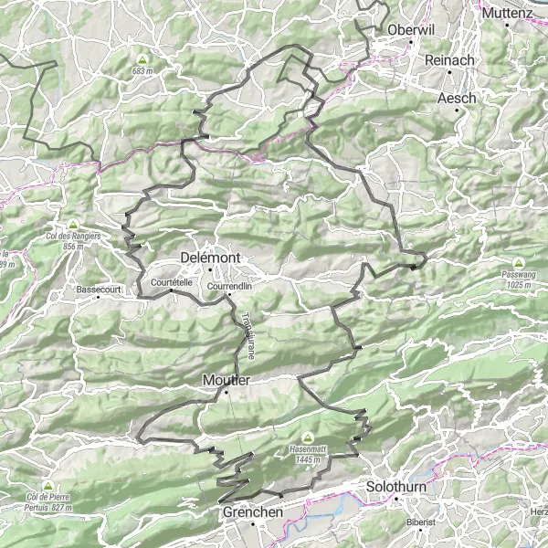 Miniatura della mappa di ispirazione al ciclismo "Giro dell'altezza nella regione di Espace Mittelland" nella regione di Espace Mittelland, Switzerland. Generata da Tarmacs.app, pianificatore di rotte ciclistiche