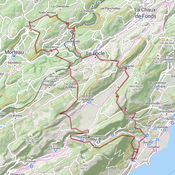 Miniatura della mappa di ispirazione al ciclismo "Tour in bicicletta panoramico partendo da Bevaix" nella regione di Espace Mittelland, Switzerland. Generata da Tarmacs.app, pianificatore di rotte ciclistiche