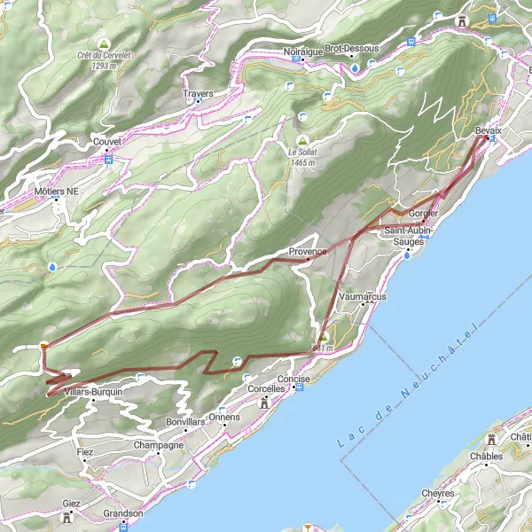 Kartminiatyr av "Grusvei eventyr rundt Bevaix" sykkelinspirasjon i Espace Mittelland, Switzerland. Generert av Tarmacs.app sykkelrutoplanlegger