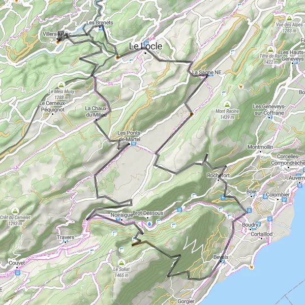 Miniatura della mappa di ispirazione al ciclismo "Rotta panoramica tra Bevaix e Villers-le-Lac" nella regione di Espace Mittelland, Switzerland. Generata da Tarmacs.app, pianificatore di rotte ciclistiche