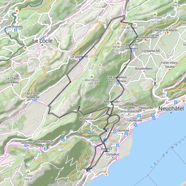 Mapa miniatúra "Cestná cyklotúra plná pamiatok a výhľadov v blízkosti Bevaix" cyklistická inšpirácia v Espace Mittelland, Switzerland. Vygenerované cyklistickým plánovačom trás Tarmacs.app