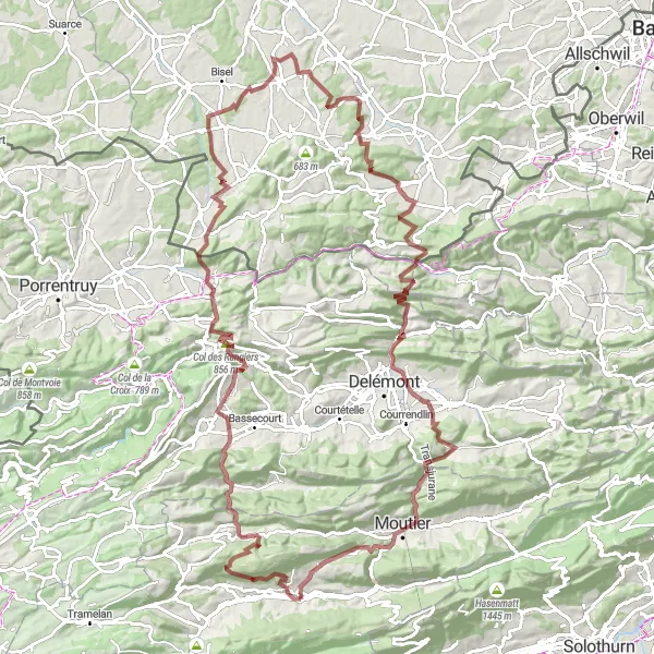 Miniatuurkaart van de fietsinspiratie "Bévilard naar Champoz en terug" in Espace Mittelland, Switzerland. Gemaakt door de Tarmacs.app fietsrouteplanner