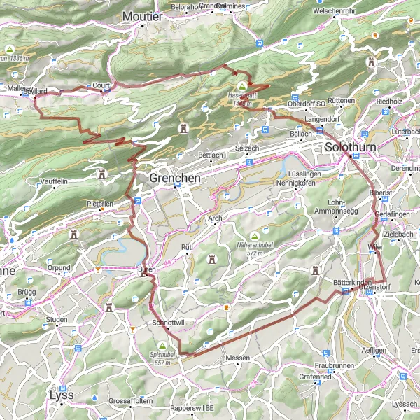 Miniatura della mappa di ispirazione al ciclismo "Gravel attraverso il Cuore del Giura" nella regione di Espace Mittelland, Switzerland. Generata da Tarmacs.app, pianificatore di rotte ciclistiche