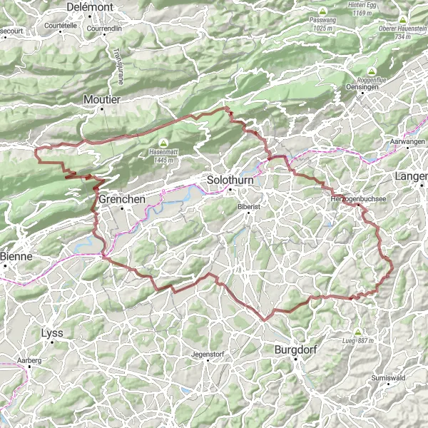 Miniatua del mapa de inspiración ciclista "Ruta de Aventura Gravel" en Espace Mittelland, Switzerland. Generado por Tarmacs.app planificador de rutas ciclistas