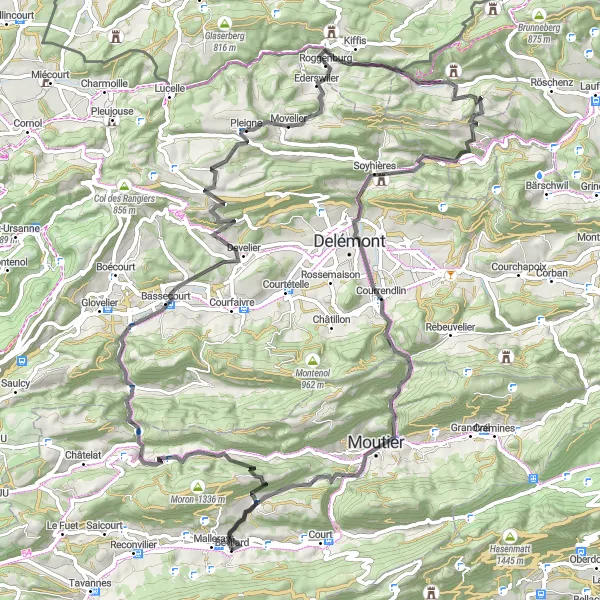 Miniatura mapy "Trasa szosowa Przez Plateau d'observation i Pleigne" - trasy rowerowej w Espace Mittelland, Switzerland. Wygenerowane przez planer tras rowerowych Tarmacs.app