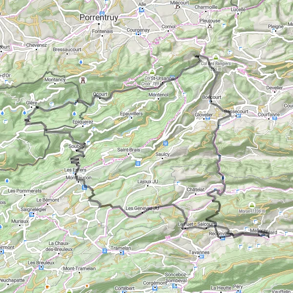Kartminiatyr av "Saules til Malleray Loop" sykkelinspirasjon i Espace Mittelland, Switzerland. Generert av Tarmacs.app sykkelrutoplanlegger