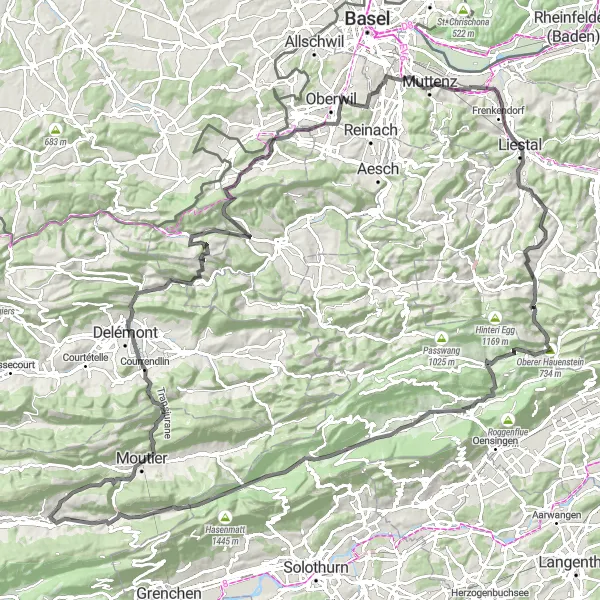 Miniatuurkaart van de fietsinspiratie "Bévilard naar Gänsbrun en terug" in Espace Mittelland, Switzerland. Gemaakt door de Tarmacs.app fietsrouteplanner