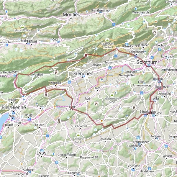 Mapa miniatúra "Gravel Vinárska cesta plná historky" cyklistická inšpirácia v Espace Mittelland, Switzerland. Vygenerované cyklistickým plánovačom trás Tarmacs.app