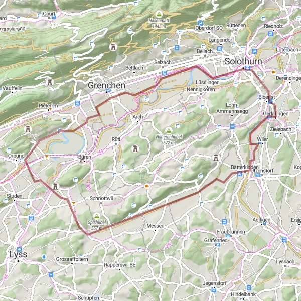 Mapa miniatúra "Gravelové dobrodružstvo v Jure" cyklistická inšpirácia v Espace Mittelland, Switzerland. Vygenerované cyklistickým plánovačom trás Tarmacs.app