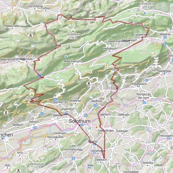 Zemljevid v pomanjšavi "Gorsko kolesarjenje okoli Biberista" kolesarske inspiracije v Espace Mittelland, Switzerland. Generirano z načrtovalcem kolesarskih poti Tarmacs.app