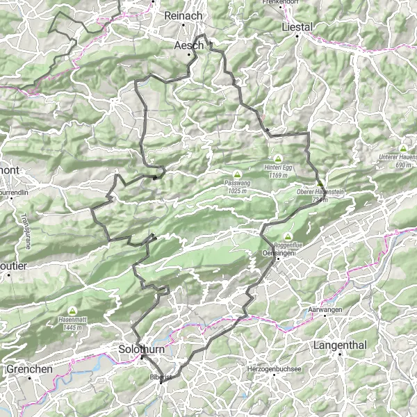 Mapa miniatúra "Výzva cez kopce Espace Mittelland" cyklistická inšpirácia v Espace Mittelland, Switzerland. Vygenerované cyklistickým plánovačom trás Tarmacs.app
