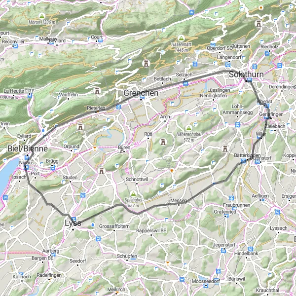 Miniatua del mapa de inspiración ciclista "Ruta del Lago Biel/Bienne" en Espace Mittelland, Switzerland. Generado por Tarmacs.app planificador de rutas ciclistas