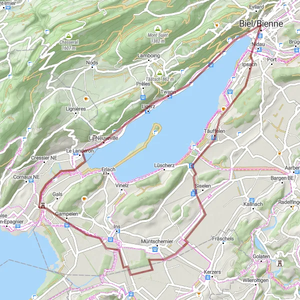 Miniatura della mappa di ispirazione al ciclismo "Esplorazione Rurale tra Sutz-Lattrigen e Vigneules/Vingelz" nella regione di Espace Mittelland, Switzerland. Generata da Tarmacs.app, pianificatore di rotte ciclistiche