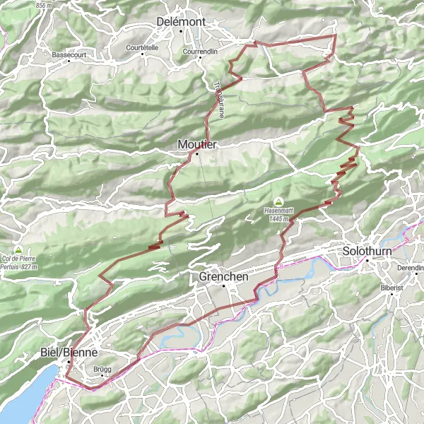 Miniatuurkaart van de fietsinspiratie "Biel-Oberes Ried-Court-Mont Girod-Roches-Sur Montchemin-Courchapoix-Forêt du Droit-Welschenrohr-Röti-Geissflue-Arch-Aegerten-Jäissberg" in Espace Mittelland, Switzerland. Gemaakt door de Tarmacs.app fietsrouteplanner