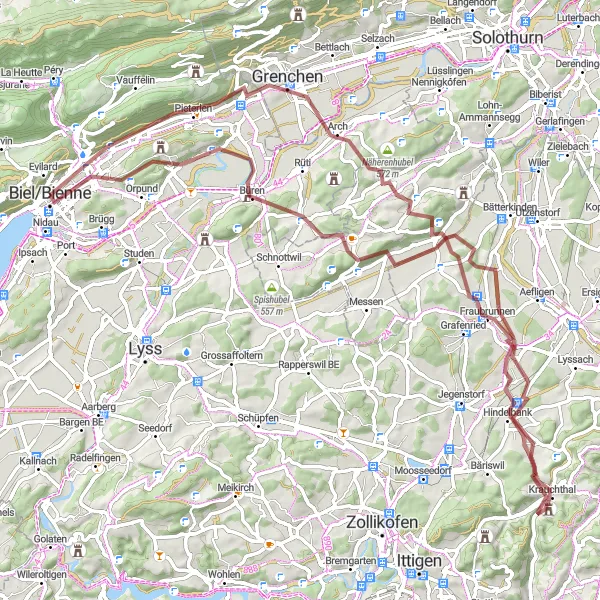 Mapa miniatúra "Príjemná cesta po štrkových cestách" cyklistická inšpirácia v Espace Mittelland, Switzerland. Vygenerované cyklistickým plánovačom trás Tarmacs.app