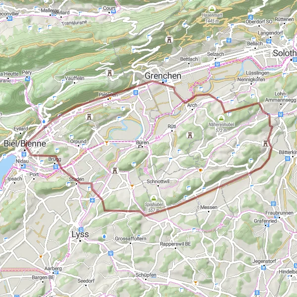 Mapa miniatúra "Cyklistická trasa v oblasti Espace Mittelland" cyklistická inšpirácia v Espace Mittelland, Switzerland. Vygenerované cyklistickým plánovačom trás Tarmacs.app