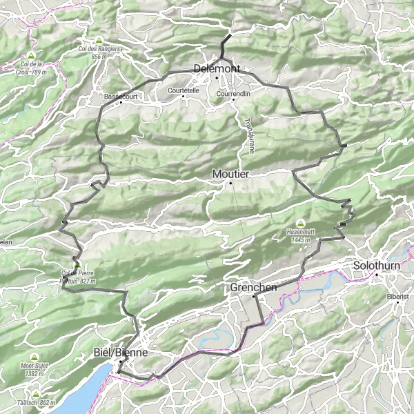 Zemljevid v pomanjšavi "Cestna kolesarska avantura po Juri" kolesarske inspiracije v Espace Mittelland, Switzerland. Generirano z načrtovalcem kolesarskih poti Tarmacs.app