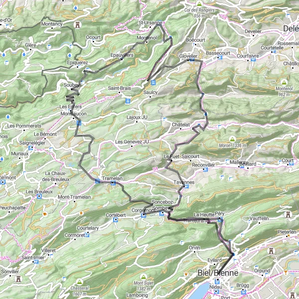 Zemljevid v pomanjšavi "Panoramska pot preko Col de Pierre Pertuis" kolesarske inspiracije v Espace Mittelland, Switzerland. Generirano z načrtovalcem kolesarskih poti Tarmacs.app
