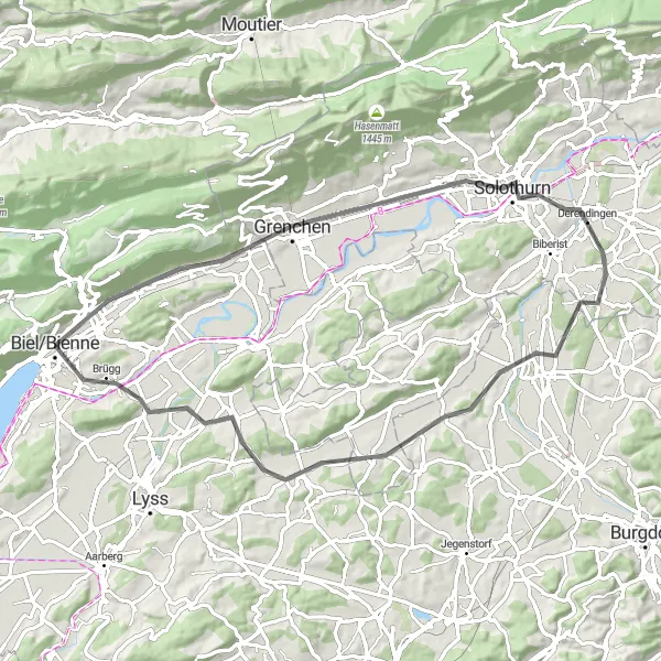 Kartminiatyr av "Kulturell cykeltur genom pittoreska byar" cykelinspiration i Espace Mittelland, Switzerland. Genererad av Tarmacs.app cykelruttplanerare