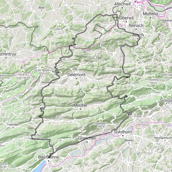 Kartminiatyr av "Svingete ritt gjennom Jura" sykkelinspirasjon i Espace Mittelland, Switzerland. Generert av Tarmacs.app sykkelrutoplanlegger