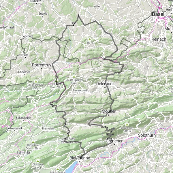 Miniature de la carte de l'inspiration cycliste "Parcours du Jura bernois" dans la Espace Mittelland, Switzerland. Générée par le planificateur d'itinéraire cycliste Tarmacs.app