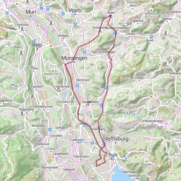 Kartminiatyr av "Utforsk Thun-sjøen og mer på grusvei rundt Biglen" sykkelinspirasjon i Espace Mittelland, Switzerland. Generert av Tarmacs.app sykkelrutoplanlegger