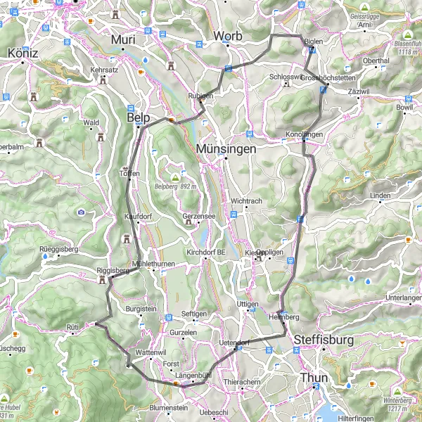 Zemljevid v pomanjšavi "Romantična kolesarska pot skozi Švicarsko" kolesarske inspiracije v Espace Mittelland, Switzerland. Generirano z načrtovalcem kolesarskih poti Tarmacs.app