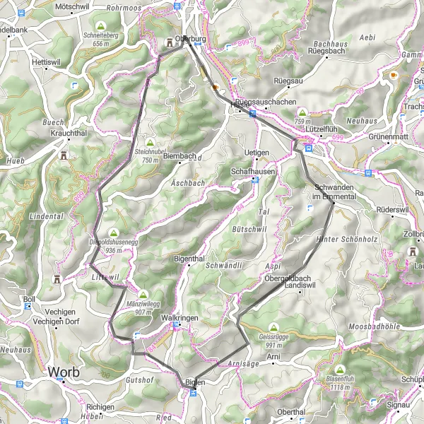 Mapa miniatúra "Trasa okolo Biglenu - Adlisberg, Littewil, Rothöhe, Oberburg, Landiswil, Aspiegg" cyklistická inšpirácia v Espace Mittelland, Switzerland. Vygenerované cyklistickým plánovačom trás Tarmacs.app