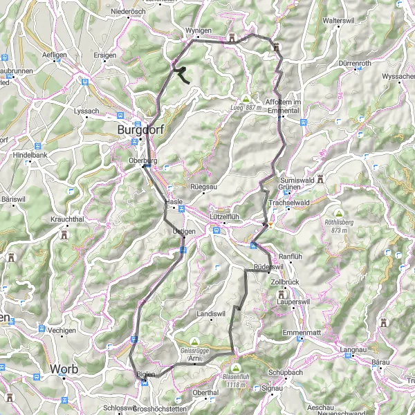 Miniatura della mappa di ispirazione al ciclismo "Giro in bicicletta su strada di Biglen" nella regione di Espace Mittelland, Switzerland. Generata da Tarmacs.app, pianificatore di rotte ciclistiche